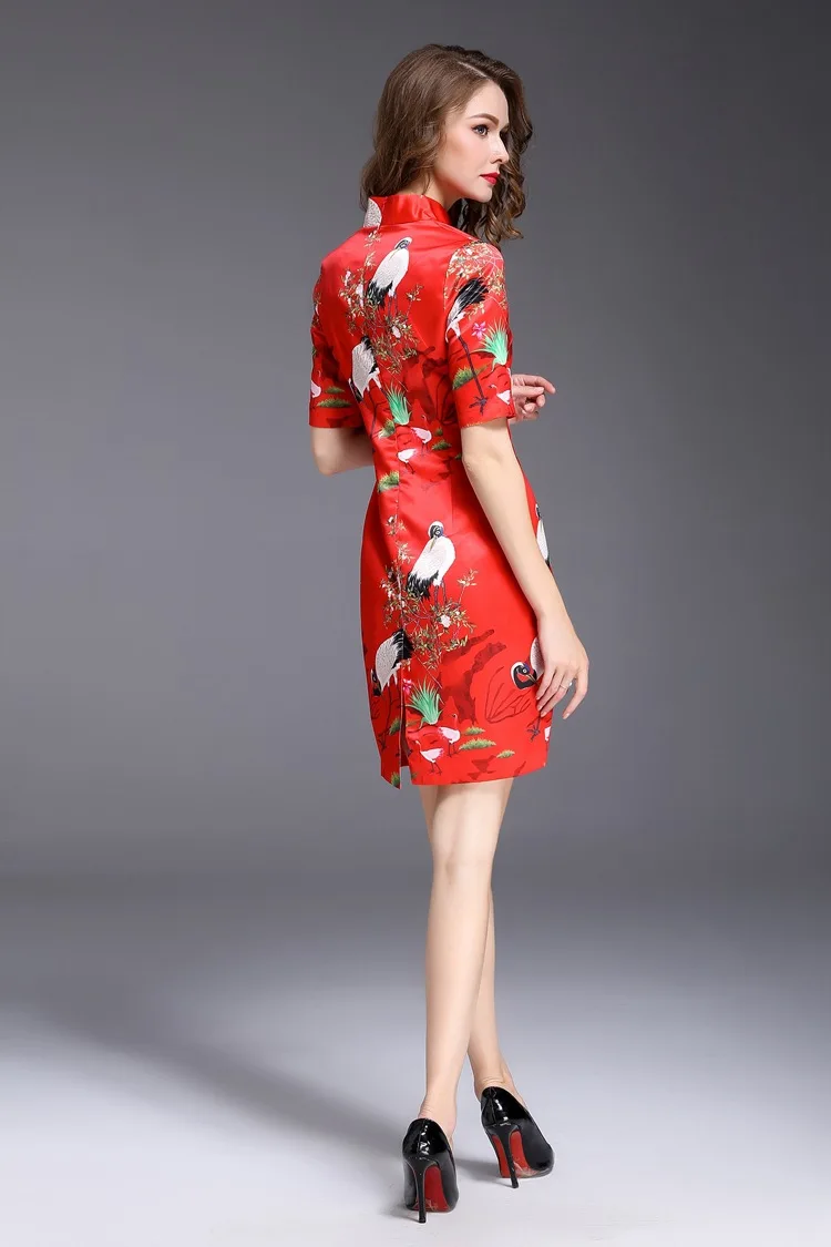 Новинка 2013,, платье в китайском стиле, cheongsam, летняя одежда, вечерние платья с принтом, красное XXL, элегантное тонкое женское платье-карандаш