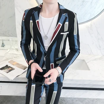 

2020 Autumn Fashion Mens Slim Fit Suits with Pant Prom Skinny Suits Stripe Mens Party Suits Floral Mens Stage Clothing