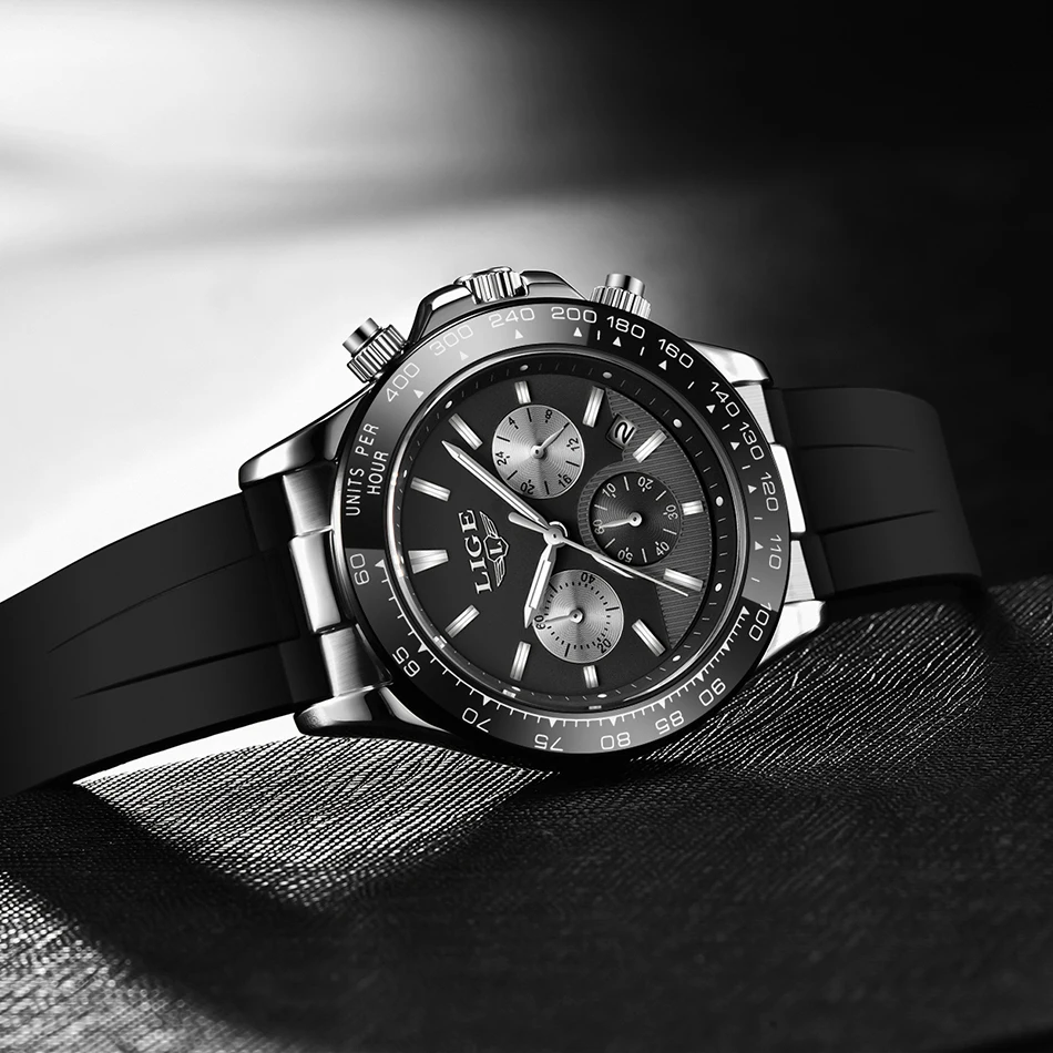 LIGE Luxury Brand Watch Men Casual Quartz Chronograph Big Dial Wristwatch Silicone Band Sport Waterproof Clock Relogio Masculino