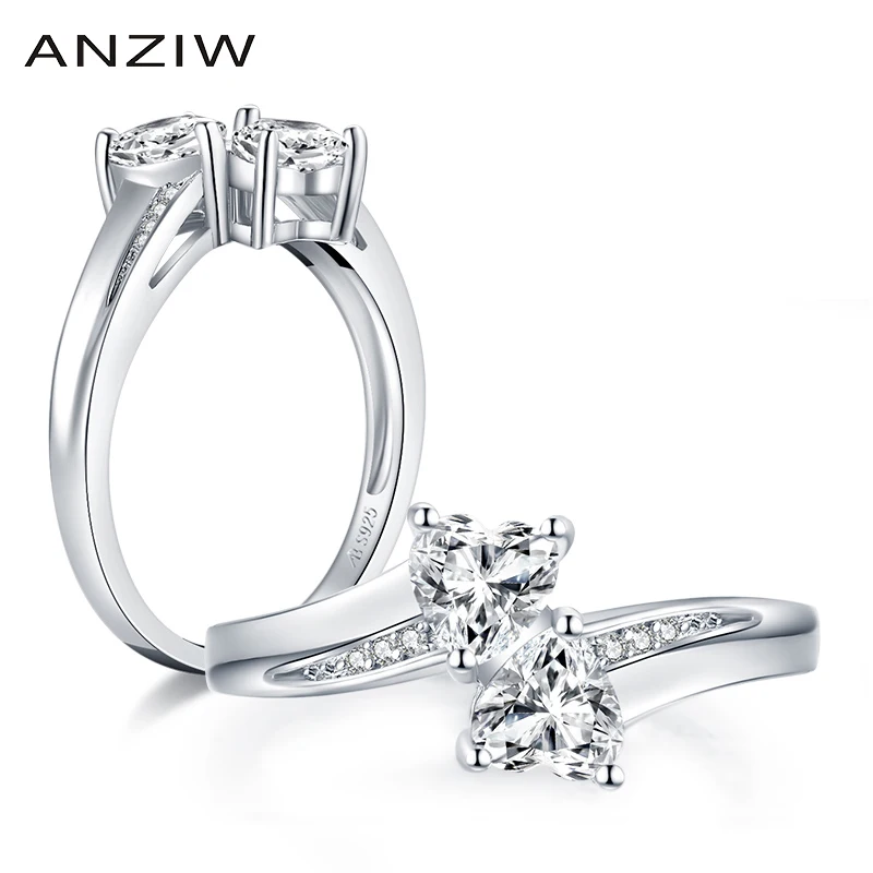 ANZIW 925 пробы серебро 1ct сердце Форма псевдо бриллиант Обручение кольцо двойное