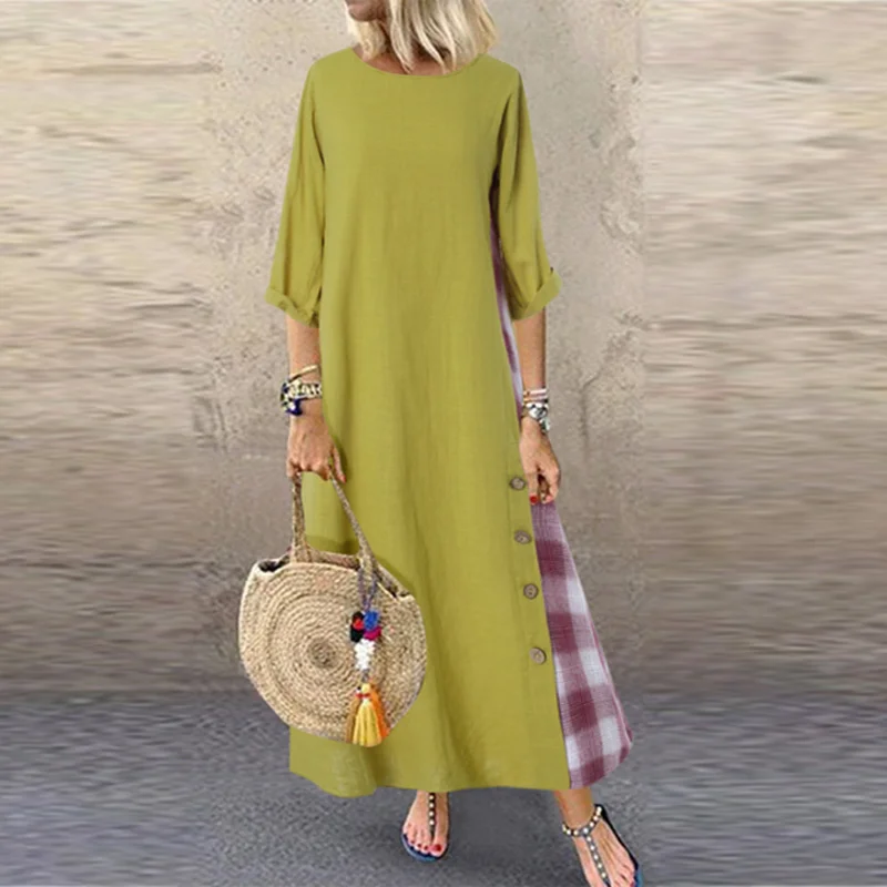 O Neck Green VIEUNSTA Винтаж Кнопка лоскутное платье с принтом, в клетку с круглым вырезом Для женщин хлопковое льняное платье осень размера плюс Повседневное Платье для вечеринки - Цвет: O Neck Green