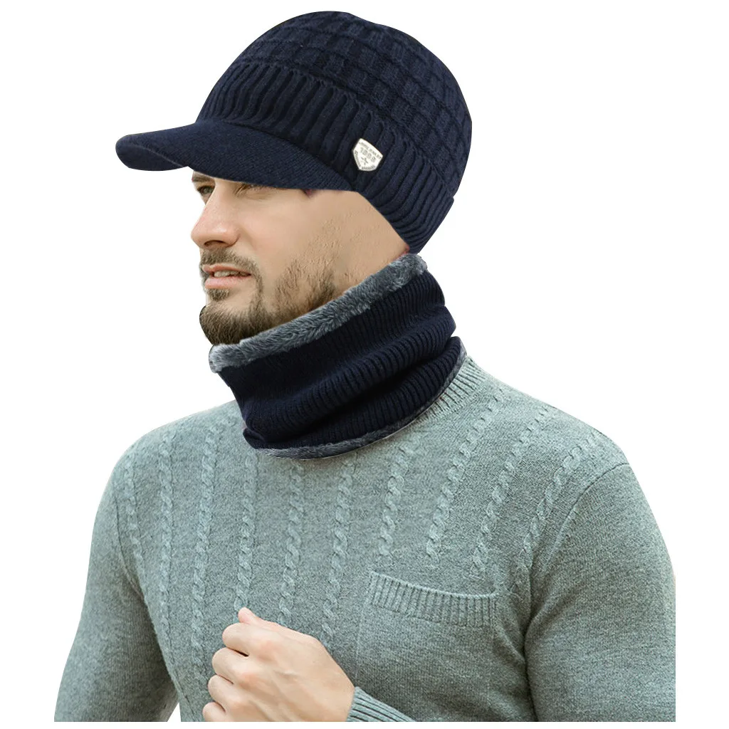 Вязаные острые козырьки для мужчин, теплая шапка, зимние утолщенные шапки для мужчин и шарф, двухсекционная вязаная ветрозащитная шапка, kazkiet hoed