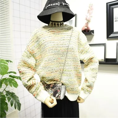 Autumn Winter Women O-Neck Knitted Sweater Stripe Spliced Bright Silk Knitwear Long Sleeve Loose Outerwear Jumper Korean Fashion - Цвет: Apricot White