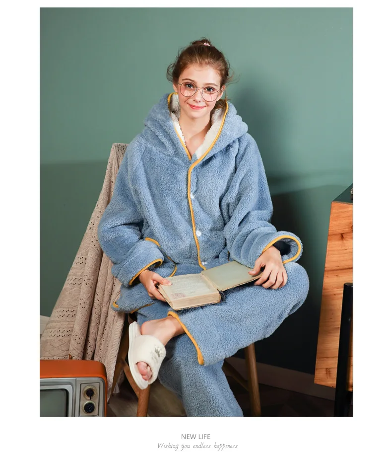 Waliicorners Women Velvet Silk Fleece Gown Hooded Collar Female Cute Thick Velvet Long-sleeved Trousers Women Pajamas Set Silk 12 Haeec75e6903e4a7aa58e08b1d92b13cba