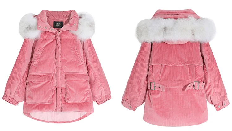 ELFSACK Pink Solid Straight Belted Hooded Warmness Down Coats Women Winter Pocket Fur Collar Office Ladies Basics Outwears