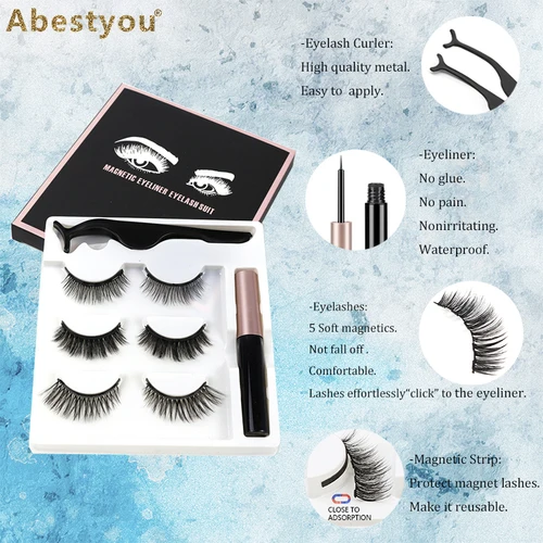 Abestyou 마그네틱 속눈썹 믹스 스타일 3D 인조 속눈썹, 방수 액체 아이라이너 세트, 핀셋 포함, 마그네틱 메이크업, 3 쌍 2