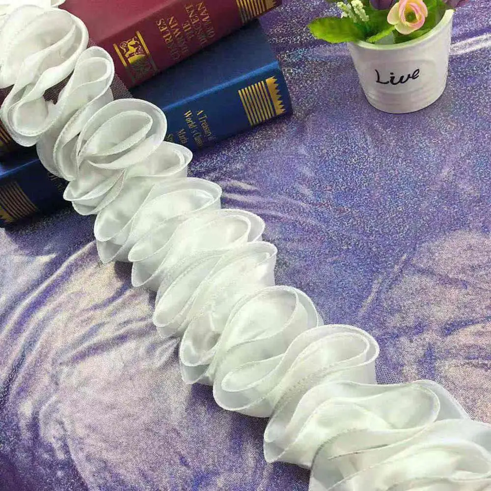 1 ярд 3D шифоновая плиссированная Цветочная кружевная отделка гофрированные белые кружева юбка одежда аксессуары бантик на голову воротник материалы - Цвет: White