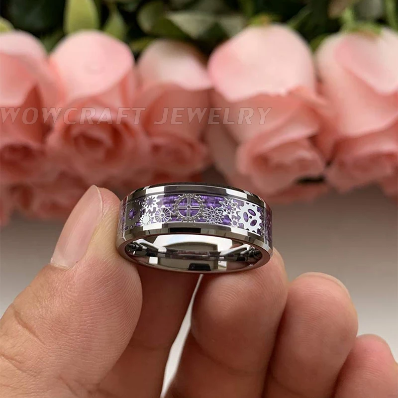 8 мм обручальные кольца из карбида вольфрама серебряные кольца для мужчин и женщин фиолетовые карбоновые шестерни инкрустация полированные блестящие скошенные края