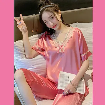 

Summer pajamas female Xia Bing silk thin short-sleeved suit summer sexy ladies large size new Slim two-piece suit