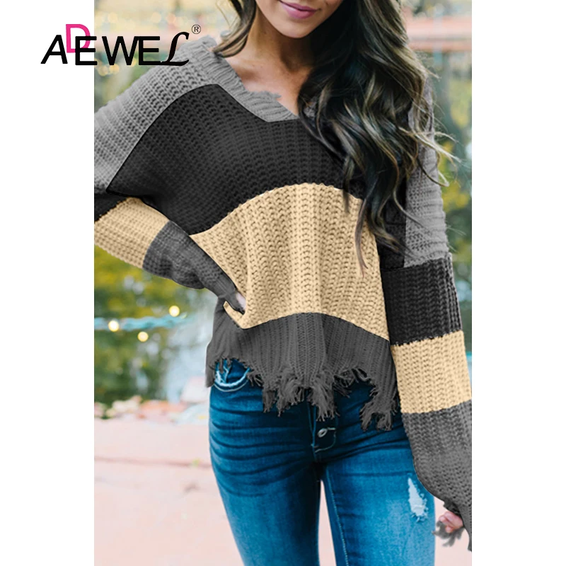 ADEWEL абрикосовый Серый цветной искусственно Состаренный свитер Pull Femme Nouveaute Camisolas De Inverno Mulher свитер для женщин XL
