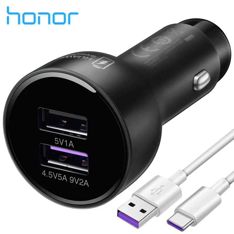 Huawei P10 P9 Plus Lite супер автомобильное зарядное устройство 5V4. 5A кабель usb type C Duable USB порт Honor V10 10 View 10 Nova 3e - Тип штекера: Honor AP38C Black