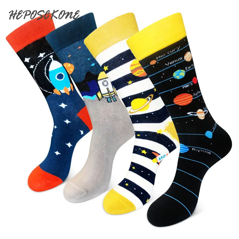 

[HEPOSCKONE]Novelty Design Skateboard Unisex Socks Creative Space Rocket Alien Planet Cotton Funny Socks Men Chaussette Homme