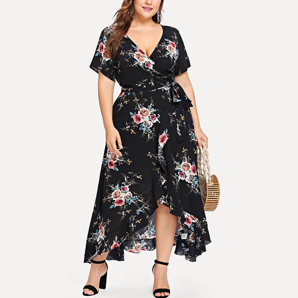 Dresses For Women Plus Size Short Sleeve V-Neck Boho Flower Bohemian Maxi Dress dresses woman party night vestidos 2019 mujer
