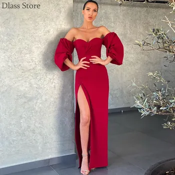 

2020 Evening Dress Simple Off Shoulder High Split Lantern Long Sleeve Sweetheart Neck Ankle Length Prom Dress вечернее платье