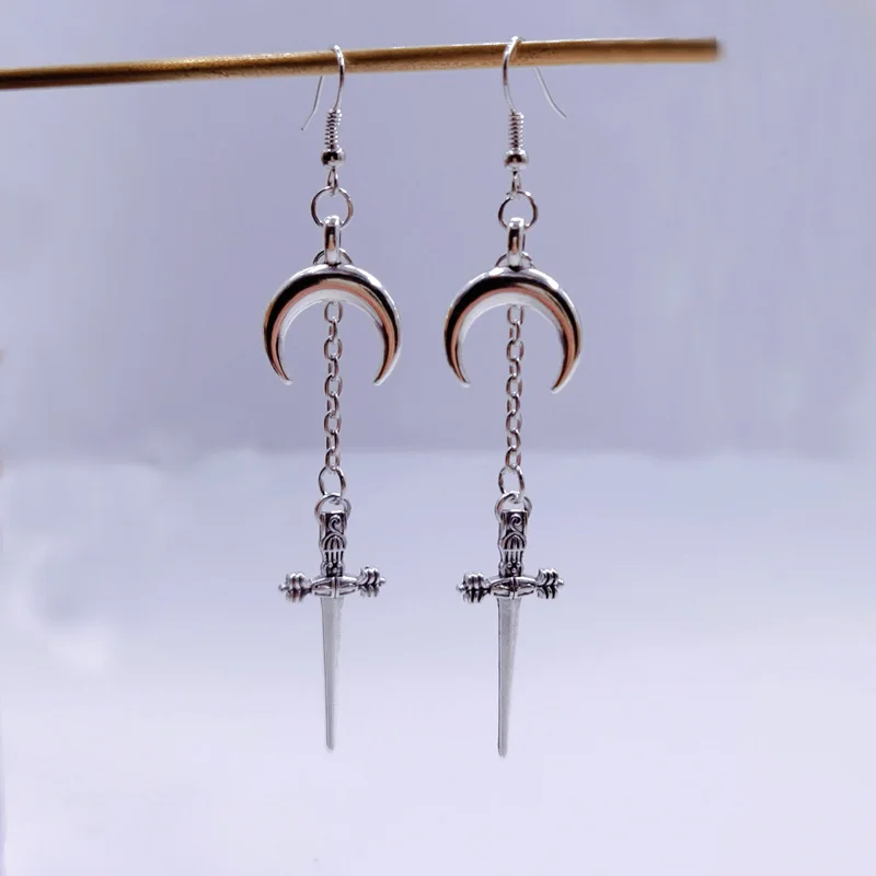 Gothic Silver Color Crescent Moon And Dagger Earrings