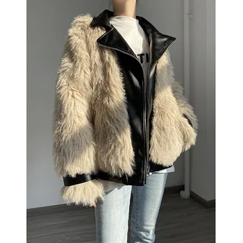 

2020 Autumn Winter Berber Fleece Fur Coat Female Leather Patchwork Imitation Wool Coat Environmental Fur