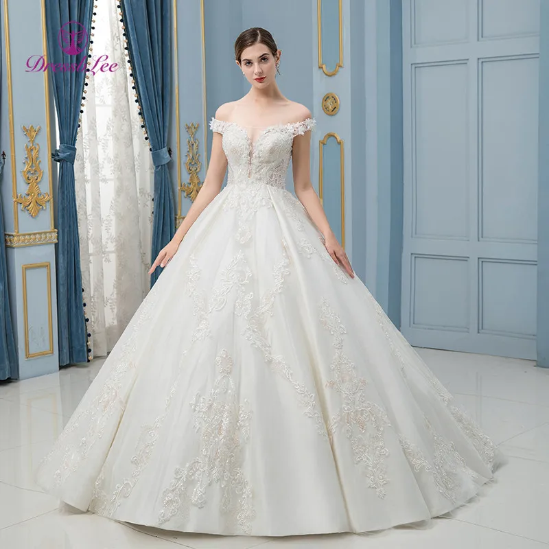 DressbLee Роскошное свадебное платье с длинным шлейфом и кружевом, декольте до плеч и принцесса