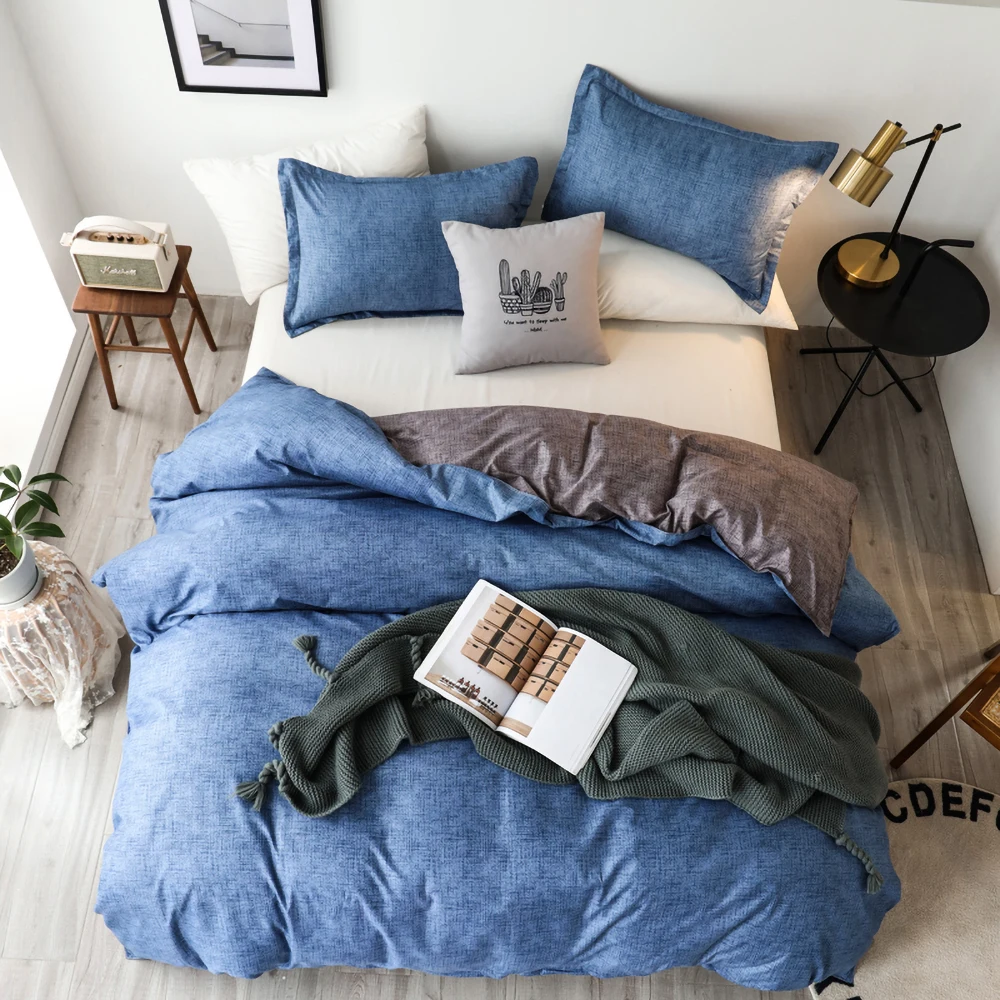 Classic Solid Color Printed Bedding Sets Comforter Quilt Cover Duvet Double King Queen Single Size Blue Bed Linens | Дом и сад