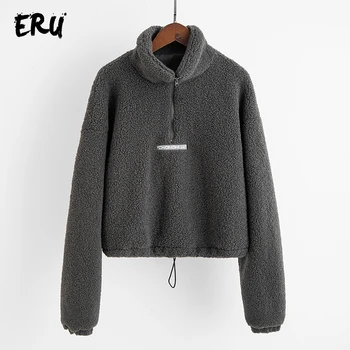 

ERU streetwear casual fleece sweatshirt women winter turtleneck letter embroidery oversized hoodies cotton warm sweatshirts