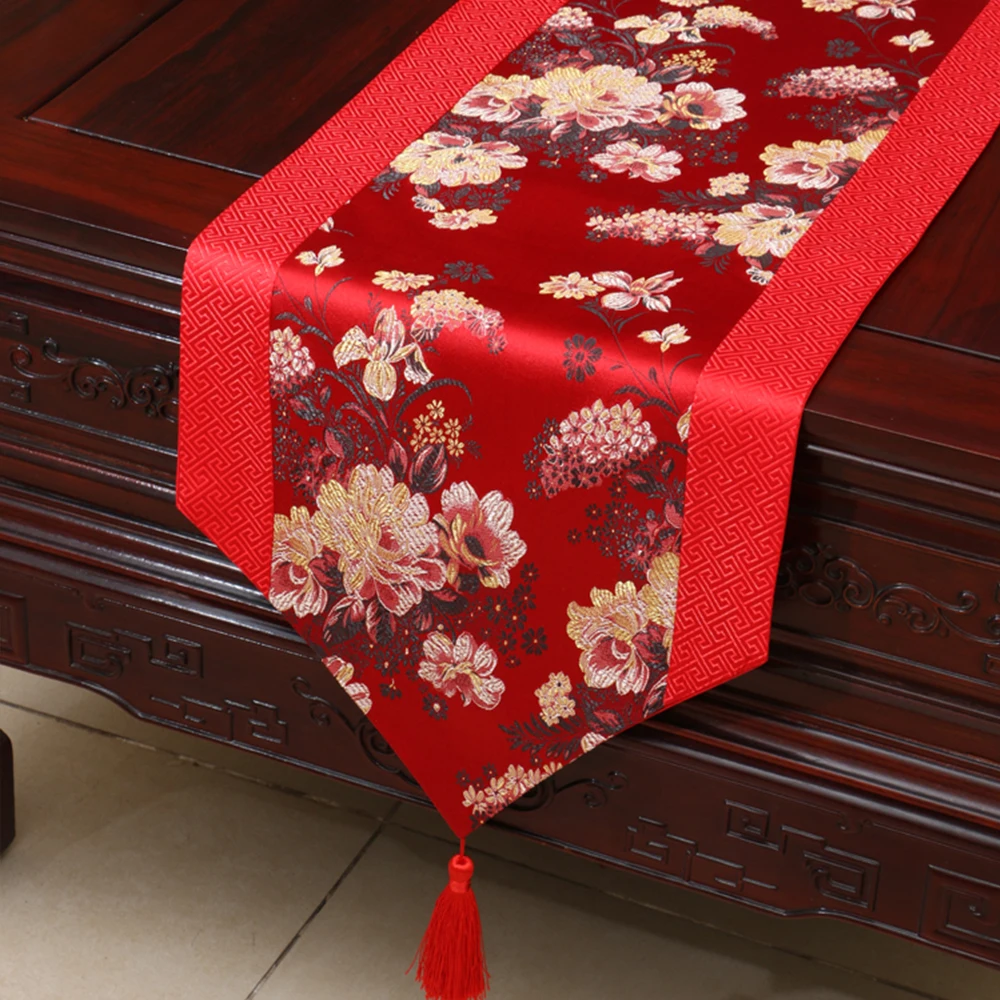 

Chinese Elegant Table Runners Traditional Satin Table Cloth Classical Wedding Tablecloth TV Cabinet Covering Festival Home Decor