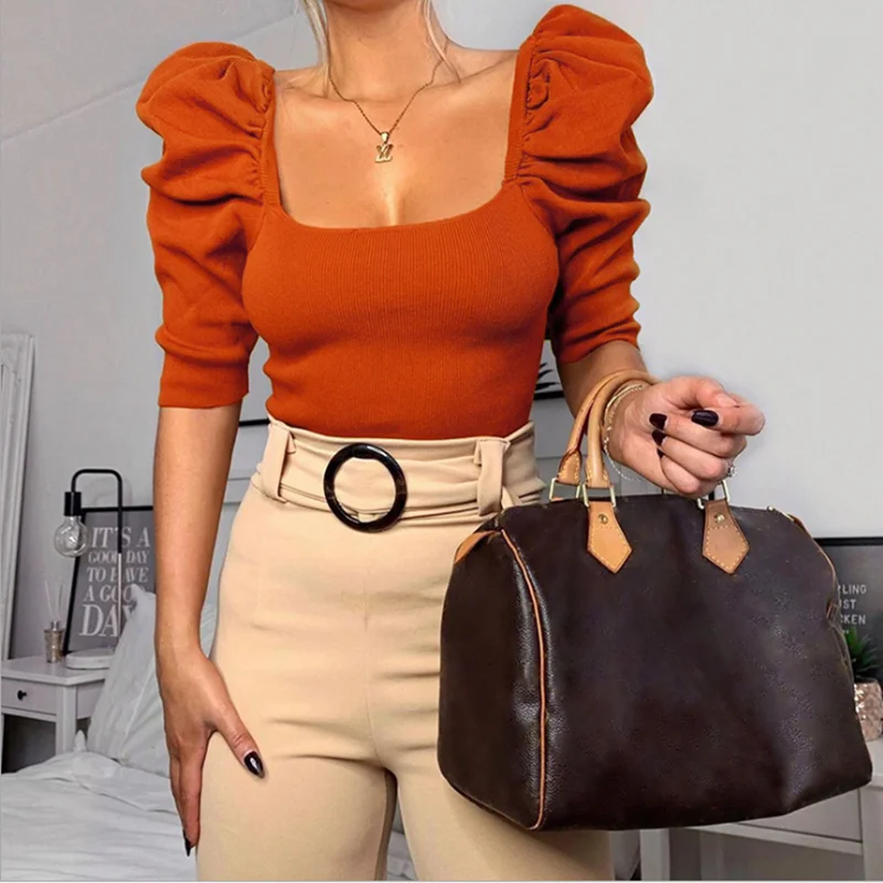 Женская футболка в рубчик однотонная трикотажная Футболка с рукавами-бабочками