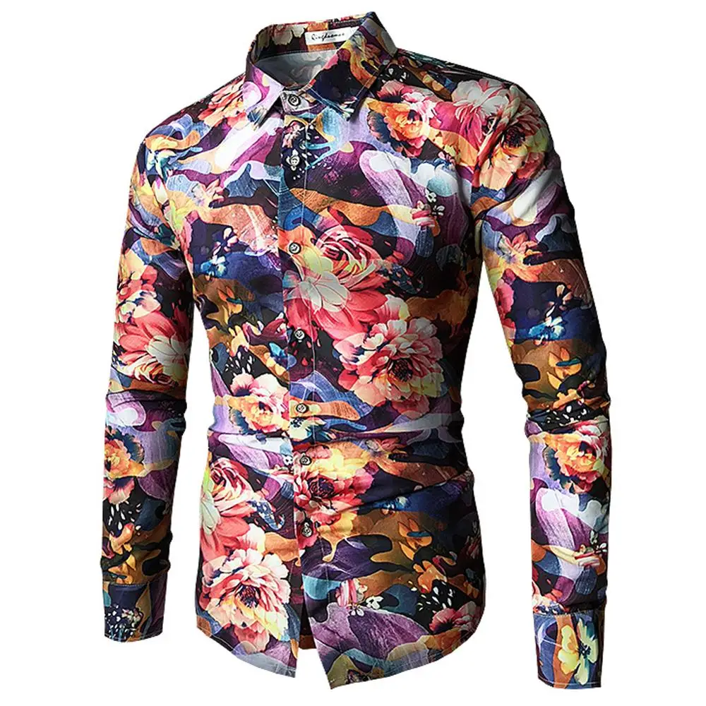 

Spring Floral Print Men Shirts Long Sleeve Casual Black Retro Rose Printed Slim Dress Shirts Camisa Masculina Chemise Homme 3XL