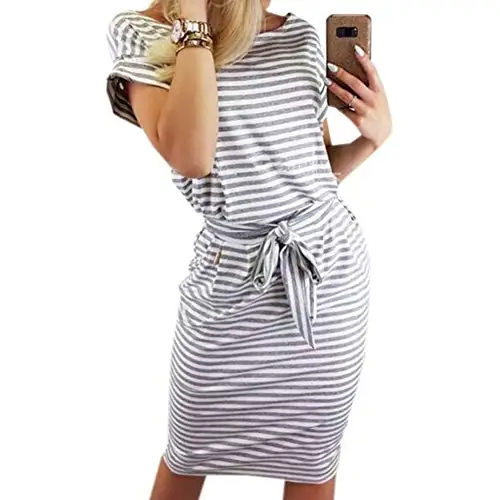 Smile Fish Womens Striped Elegant Short Sleeve Midi Dresses Pockets Casual Pencil Dress with Belt