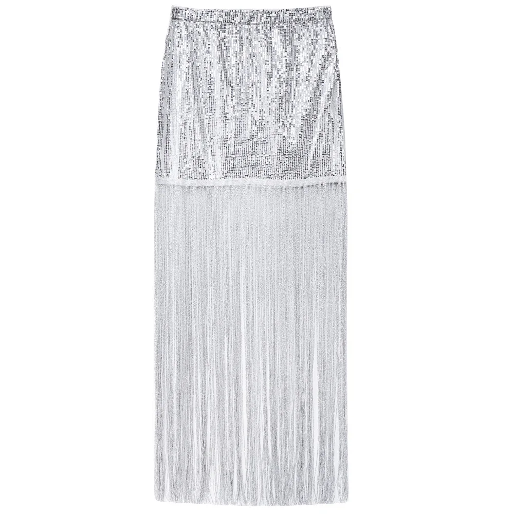 Модные Серебряные вечерние юбки с блестками, женские лоскутные сексуальные длинные юбки с кисточками, облегающие бедра юбки для латинских танцев, Клубные юбки с бахромой