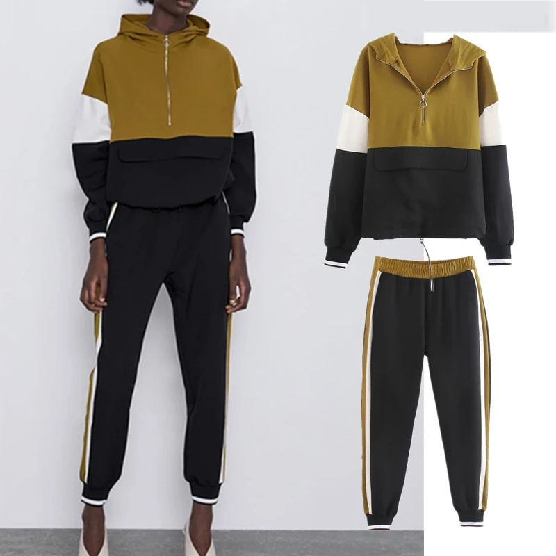 

Two-piece stitching jacket pants suit female patchwork kangaroo suit color hit color hooded jacket jogging pants suit jacket
