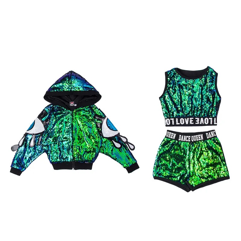 Kid Cool Green Sequin Hip Hop Clothing Hoodie Jacket Tank Crop Top Shorts for Girls Jazz Dance Costume Clothes Dancing Wear