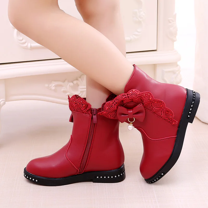 2020 Winter new PU Leather Kids Martin Boots Lace Trim Girl Snow Boot for Children EU size 27-37