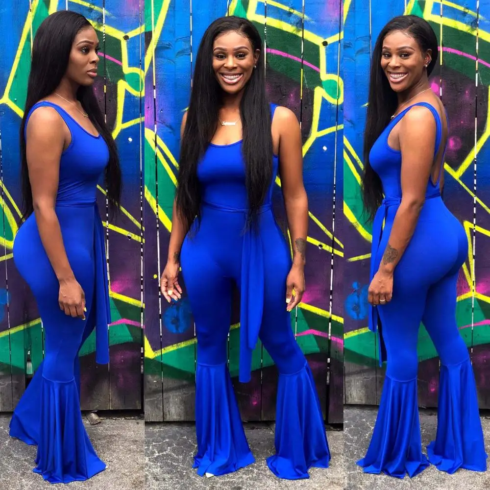 New Summer Women Bodycon Flare Jumpsuits Strap Plus Size Solid Blue Red Sashes Bandage Casual Streetwear Club Romper