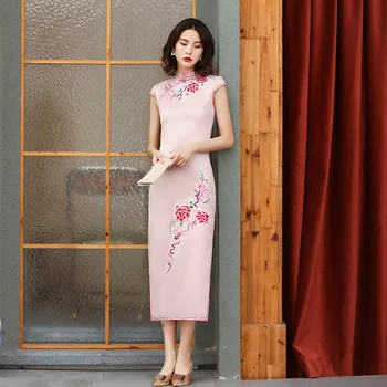 

Sheng Coco Women Elegant Pink Silk Embroidered Cheongsam High Quality Long Slim Stage Show Chinese Dress Pretty Qipao Plus Size