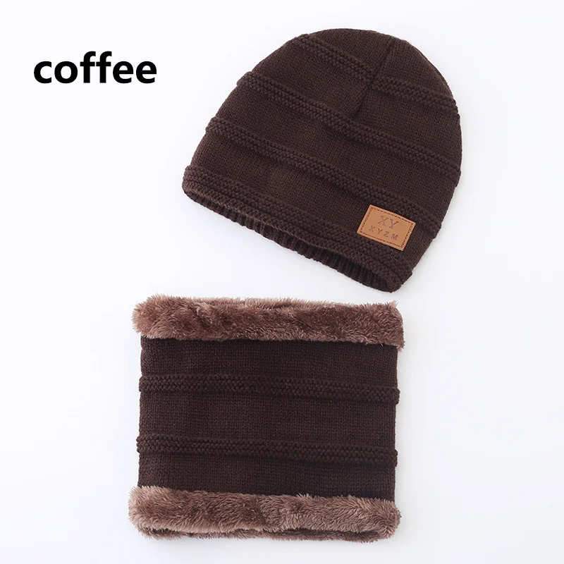 coffee 48-54 см модная теплая утолщенная зимняя шапка с отворотами, вязаный шарф, комплект детской шапки в Корейском стиле - Цвет: coffee