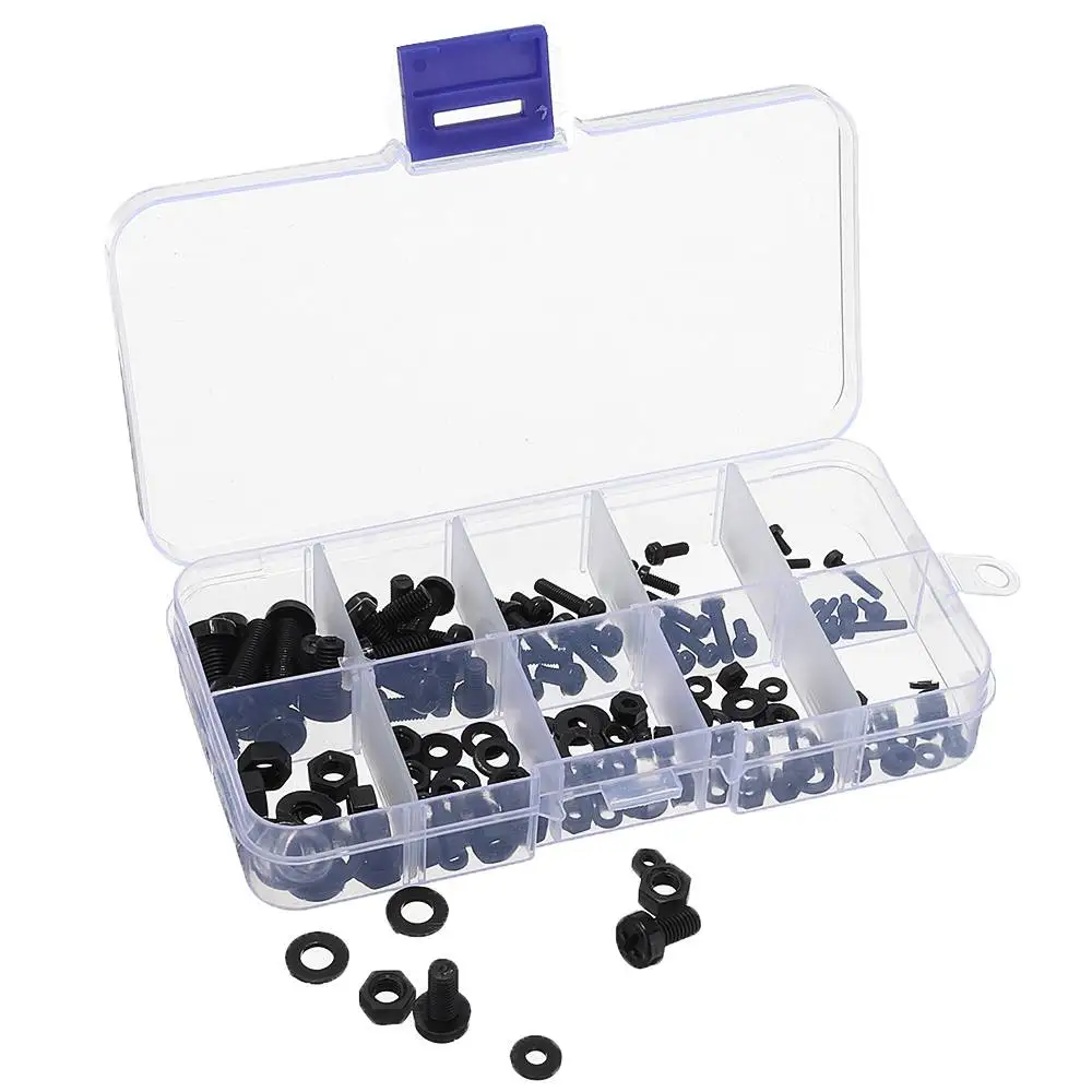 

150pcs MXNH2 M2 M2.5 M3 M4 M5 Nylon Black Phillips Pan Head Screw Nut Bolt Washers Assortment Kit Gasket Combination Set