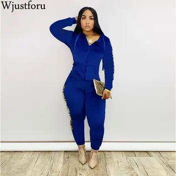 

Wjustforu Fashion Hoodies Sporting Tracksuit Female Zipper Skinny Sweater + Pencil Pants Female Casual Patchwork Two Piece Set