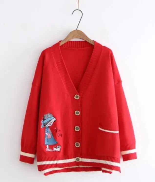 Красный Autumn Winter Women Knit Sweater Cardigan Mori Girl Cute Cartoon Embroidered Loose V-neck Long Sleeve Sweater Outerwear - Цвет: Красный