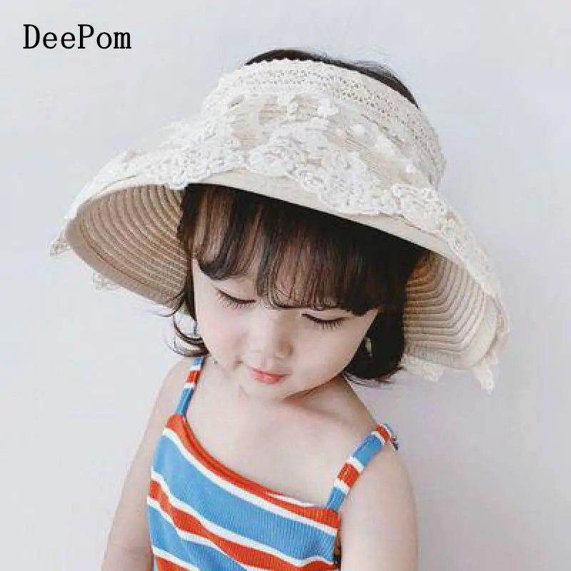 

DeePom Sun Hats For Kids Girls Summer Hat Empty Top Beach Hats Lace Flower Large Brim Folding Straw Hat Sunshade Korean Style
