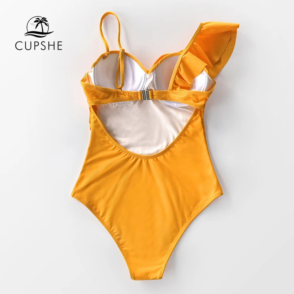 CUPSHE, сплошной, желтый, с оборками, пуш-ап, Цельный купальник, сексуальный, с вырезами, Женский Монокини,, для девушек, пляжные купальники, купальники