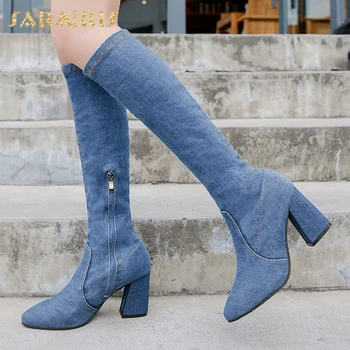 

Sarairis New Design Denim Boots Woman Shoes Chunky High Heels Zip Up Pointed Toe Concise Spring Autumn Knee High Boots Female