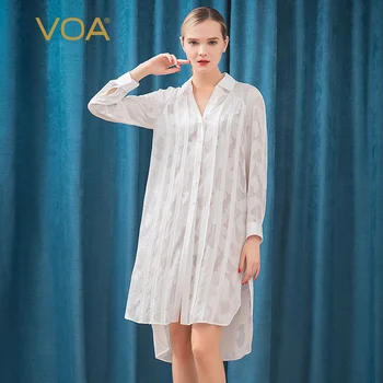 

VOA Tea White Embroidered Georgette Fold-down Collar Leaflet Joint Bunk Bed Slit Hem Raglan Sleeve Mid-length Silk Shirts B9276