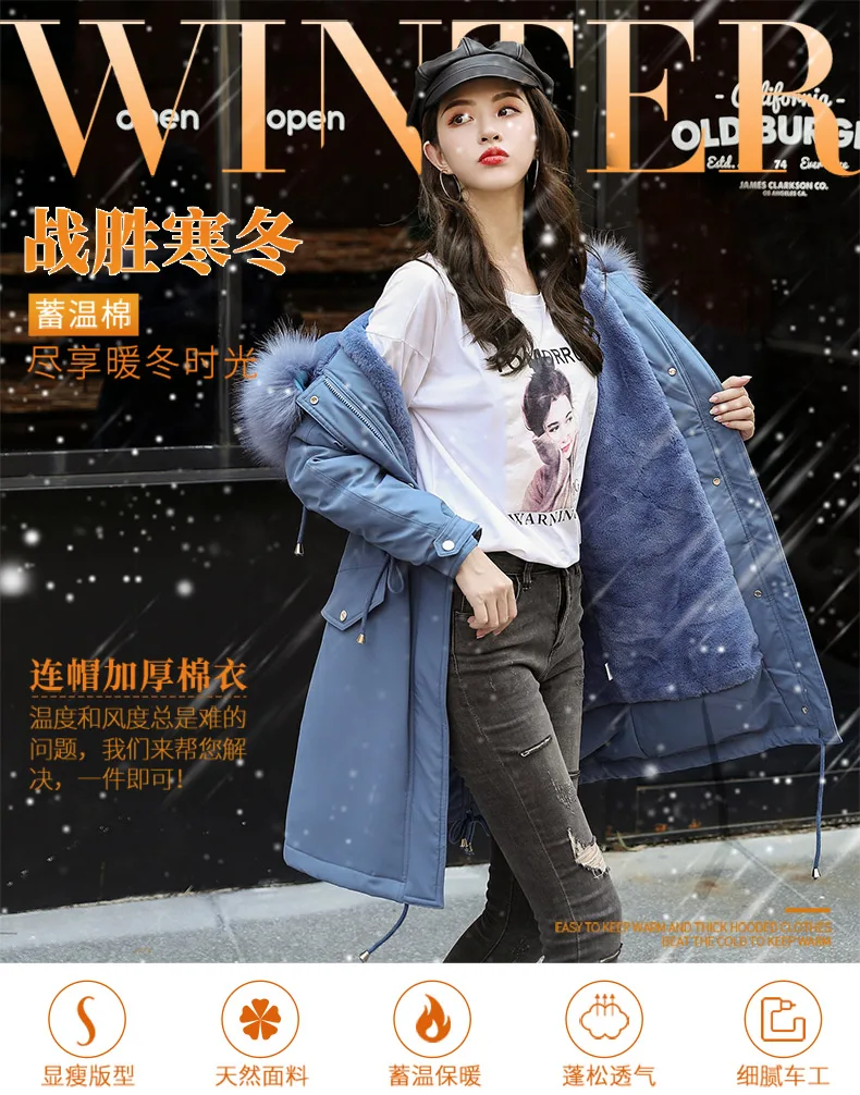 Photo Shoot Winter Lambs Wool Inner Wearing Korean-style down Jacket Women's Mid-length Large Fur Collar Students BF Cotton