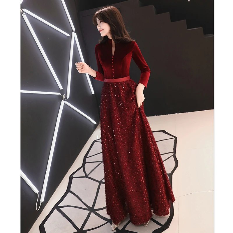 It's Yiiya Evening Dress High Collar Shining Formal Dresses Long Sleeve Party Gowns Burgundy Elegant robe de soiree LF023