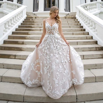 

Sheer V Neck Sleeveless Embroidered Appliques Zipper Up A Line Chapel Train Light Champagne Wedding Gown