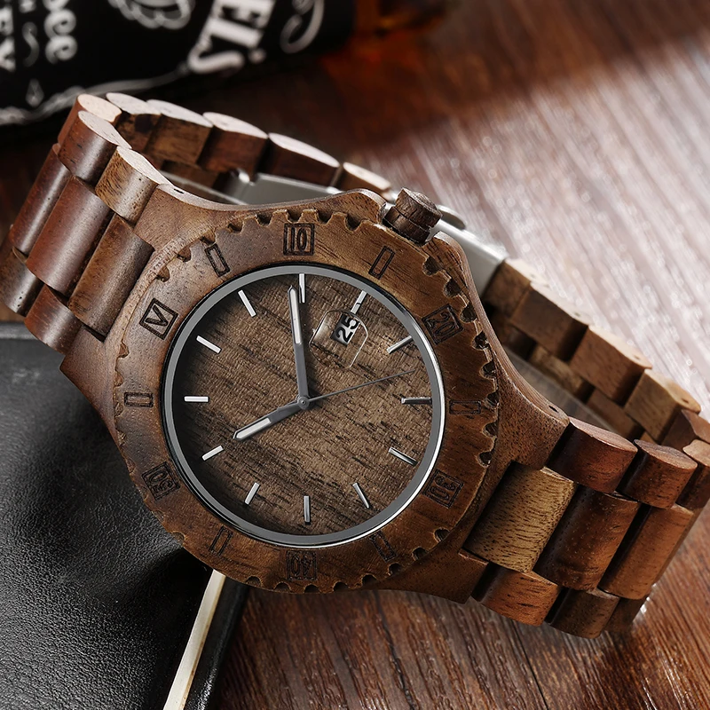 

Men Wooden Watch Unique Gear Case Solid Wood Strap Date Bracelet Wristwatch Male Retro Casual Quartz Fashion reloj de madera