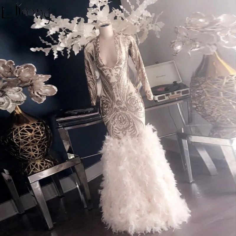 Amazing-Feathers-Mermaid-Evening-Dress-Long-Sleeves-Deep-V-Neck-Prom-Dresses-High-Quality-Lace-Formal