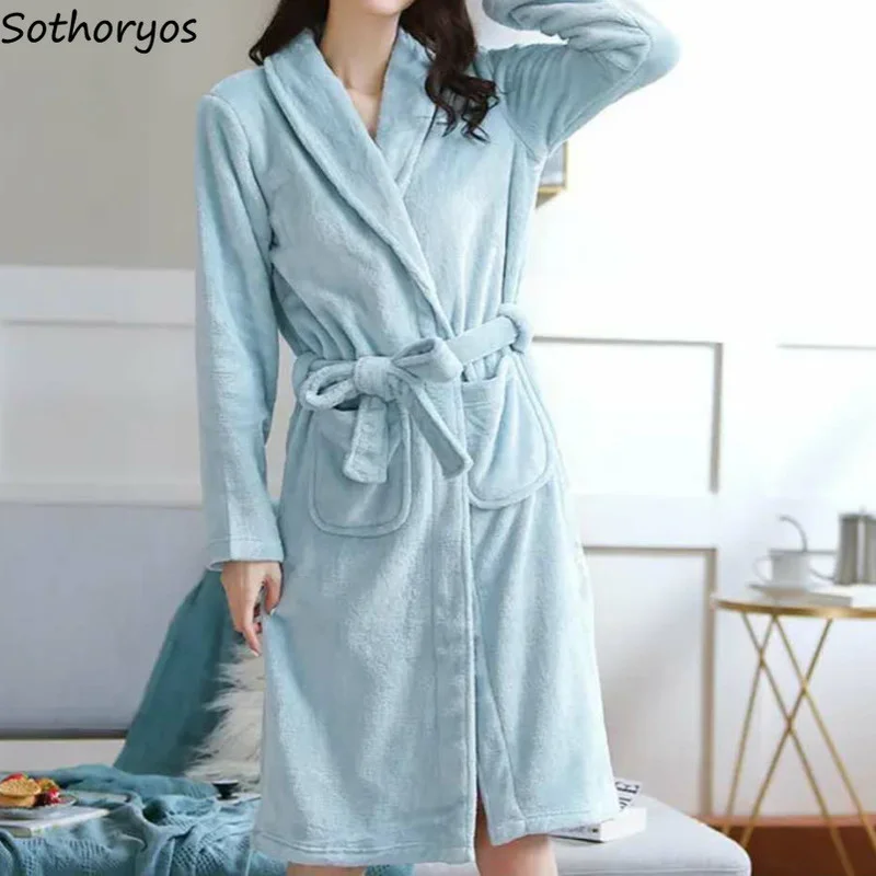 Women Winter Robes Solid Flannel Plus Velvet Lace-up Bathrobes Casual Simple Kimono Long Sleeve Warm Sleepwear Lounge Home Wear | Женская
