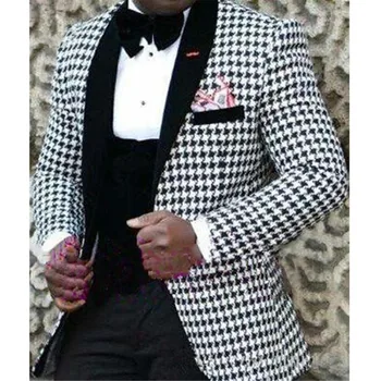 

3 Pieces Casual Mens Suits for Houndstooth Wedding Groom Tuxedo 2019 Male Clothes Set Jacket Pants Vest New Fashion