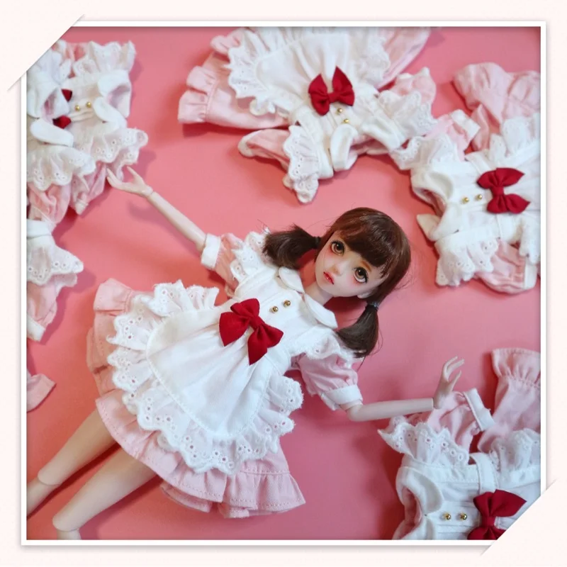 

2PCS/set Adorable Blyth Dolls Dress Set Pink Maid Dress white bowknot apron for blyth,kurhn,1/6 Dolls Clothes Accessories