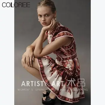

Summer High Quality Linen Printed Woman Dress 2020 Runway Designers Vintage O-neck Sleeveless A-line Mini Women Dress